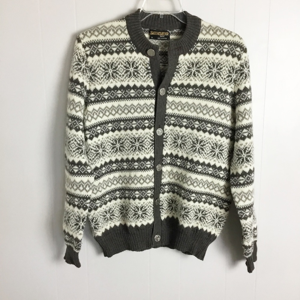 RARE Vintage 90s Geiger Big Silver Buttons Size 52 Sweater Wool
